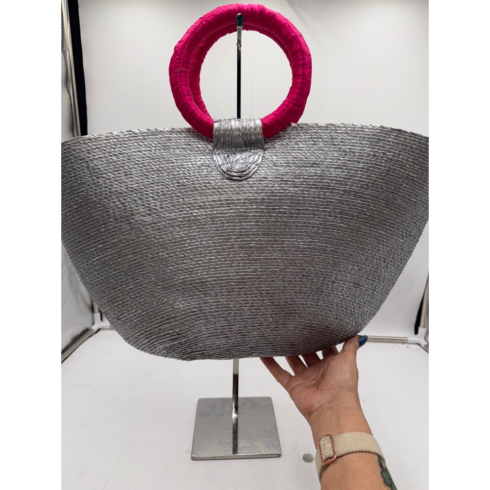 Morena Mia Mexican Handmade Straw Tote Bag Silver Pink Cat Sequin Pom Pom NEW - Picture 6 of 9